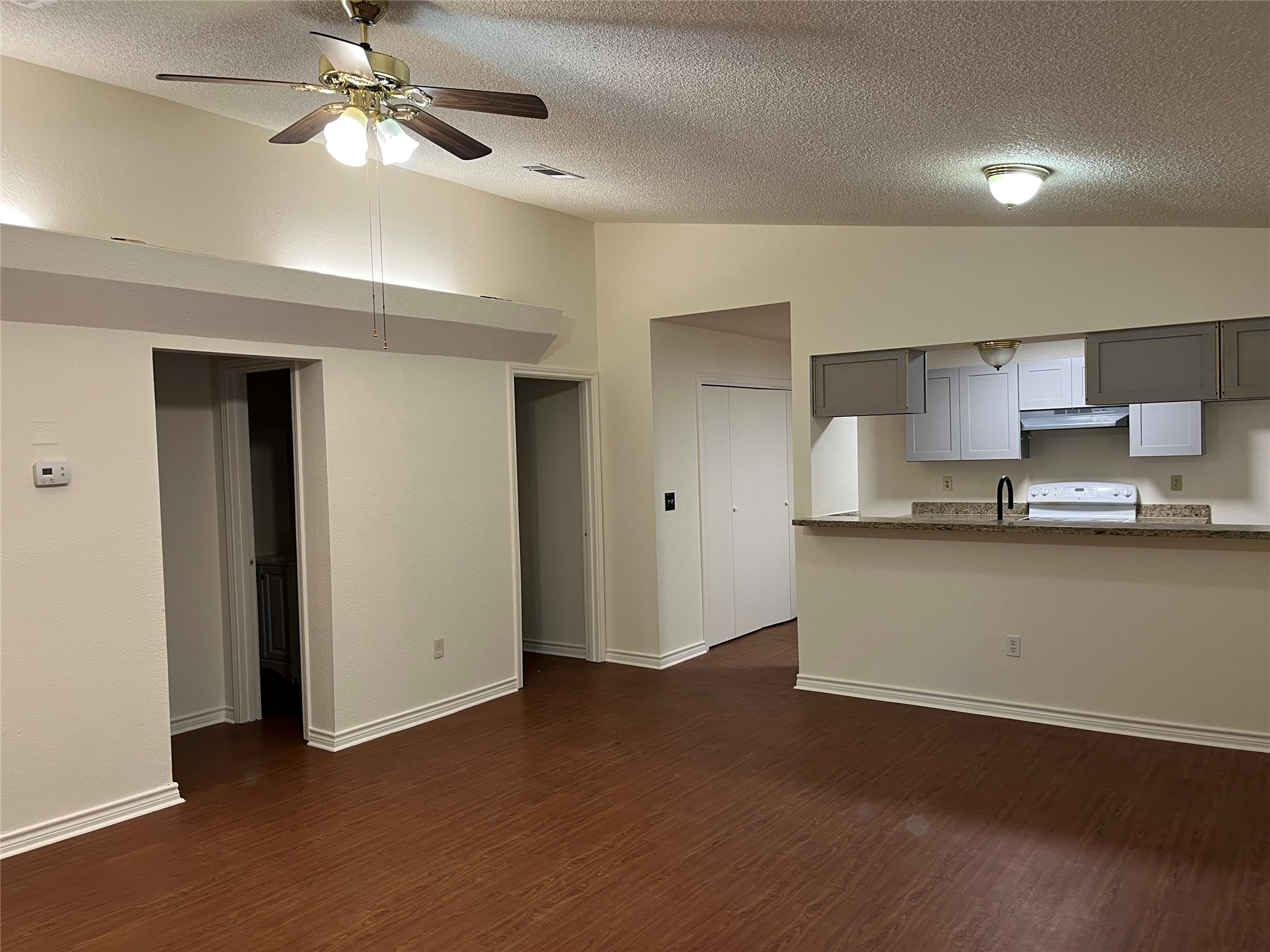 23393 Nameless Road, Unit 144 Leander, TX 78641 - Photo 2 of 23 Kitchen with vaulted ceiling, under cabinet range hood, dark wood finished floors, white stove, and a ceiling fan