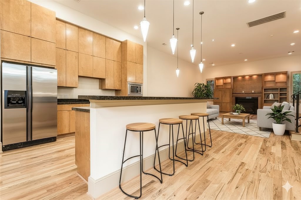 2034 Colquitt Street, Unit A Houston, TX 77098 - Photo 13 of 30 a kitchen with stainless steel appliances granite countertop a stove top oven a sink a dining table and chairs with wooden floor