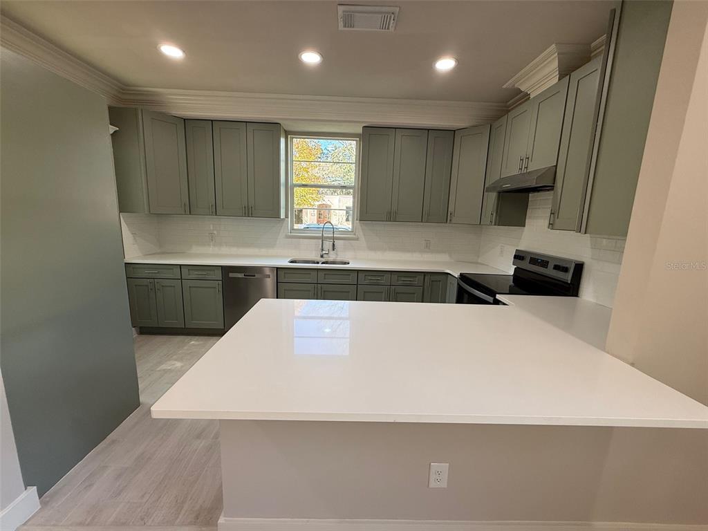 1217 Northeast 4 Street Gainesville, FL 32601 - Photo 10 of 36 a large kitchen with stainless steel appliances a large counter top and wooden floor