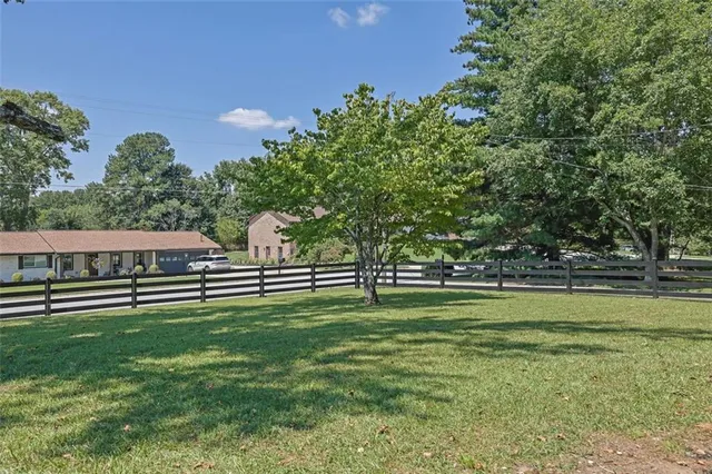 a view of a park with large trees