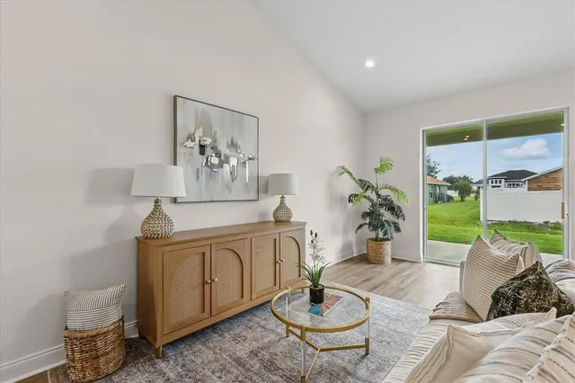 a living room with furniture flowerpot and wooden floor