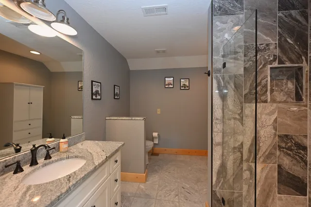 a bathroom with a double vanity sink mirror and shower