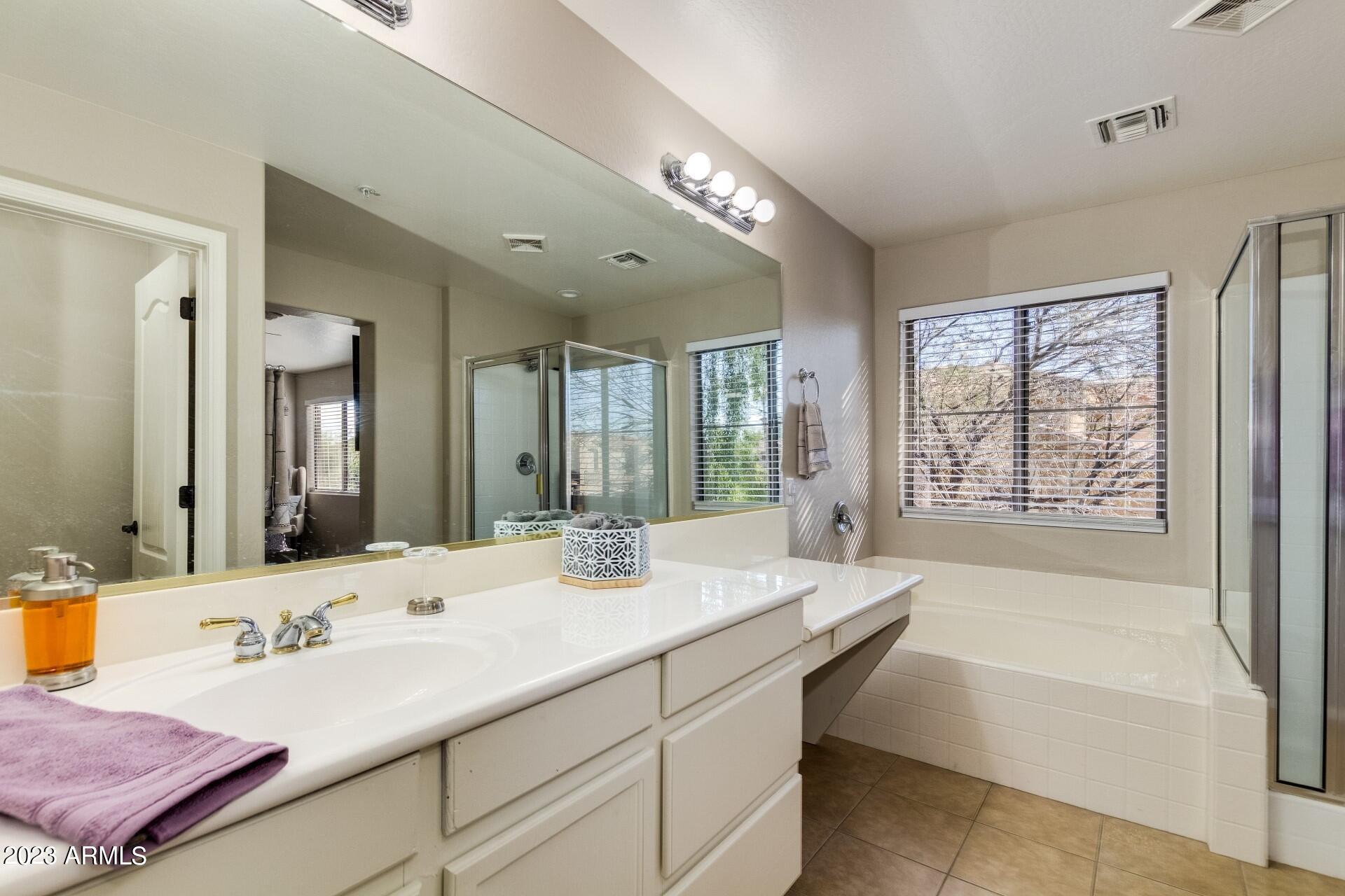 5415 East McKellips Road, Unit 94 Mesa, AZ 85215 - Photo 14 of 64 a bathroom with a tub double vanity sink and mirror