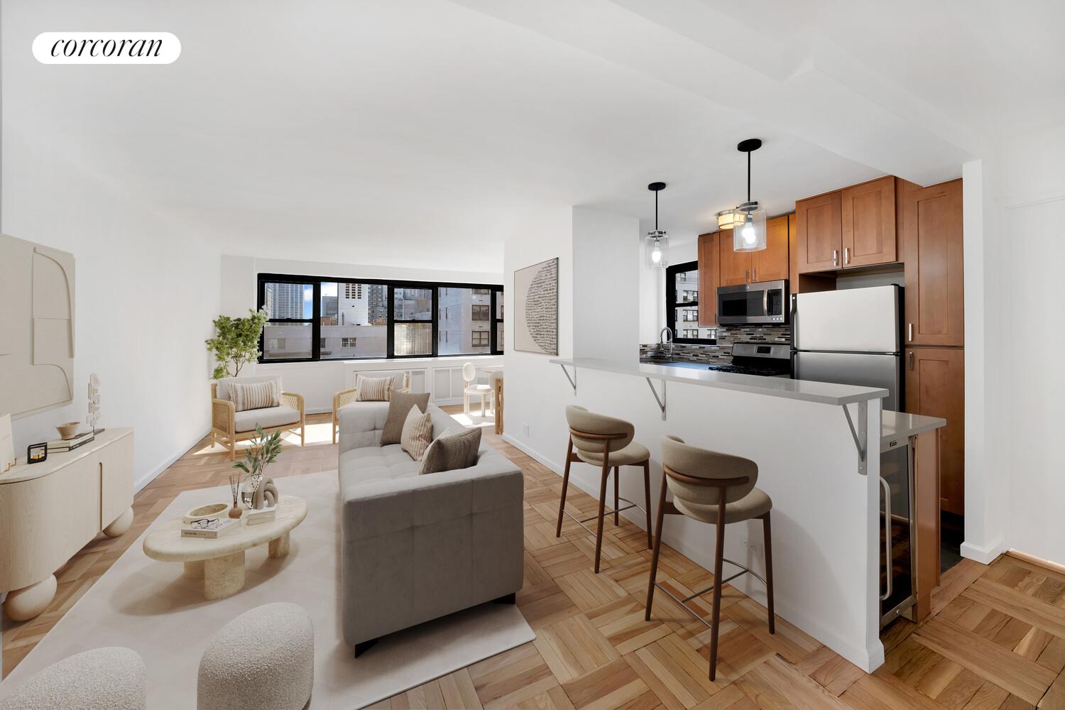 a living room with furniture a flat screen tv and a table