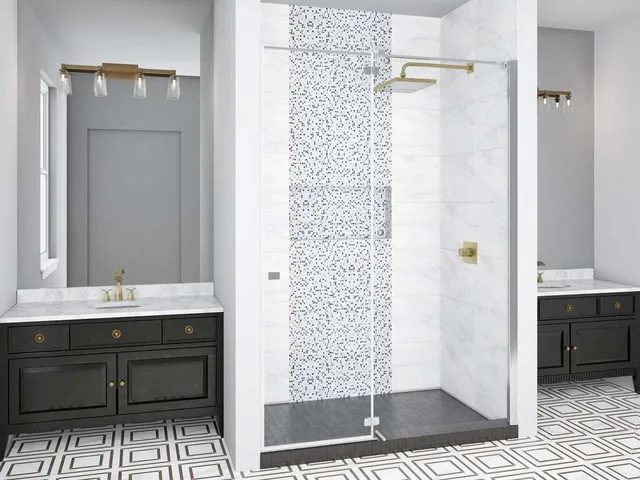 a bathroom with a sink a mirror and shower