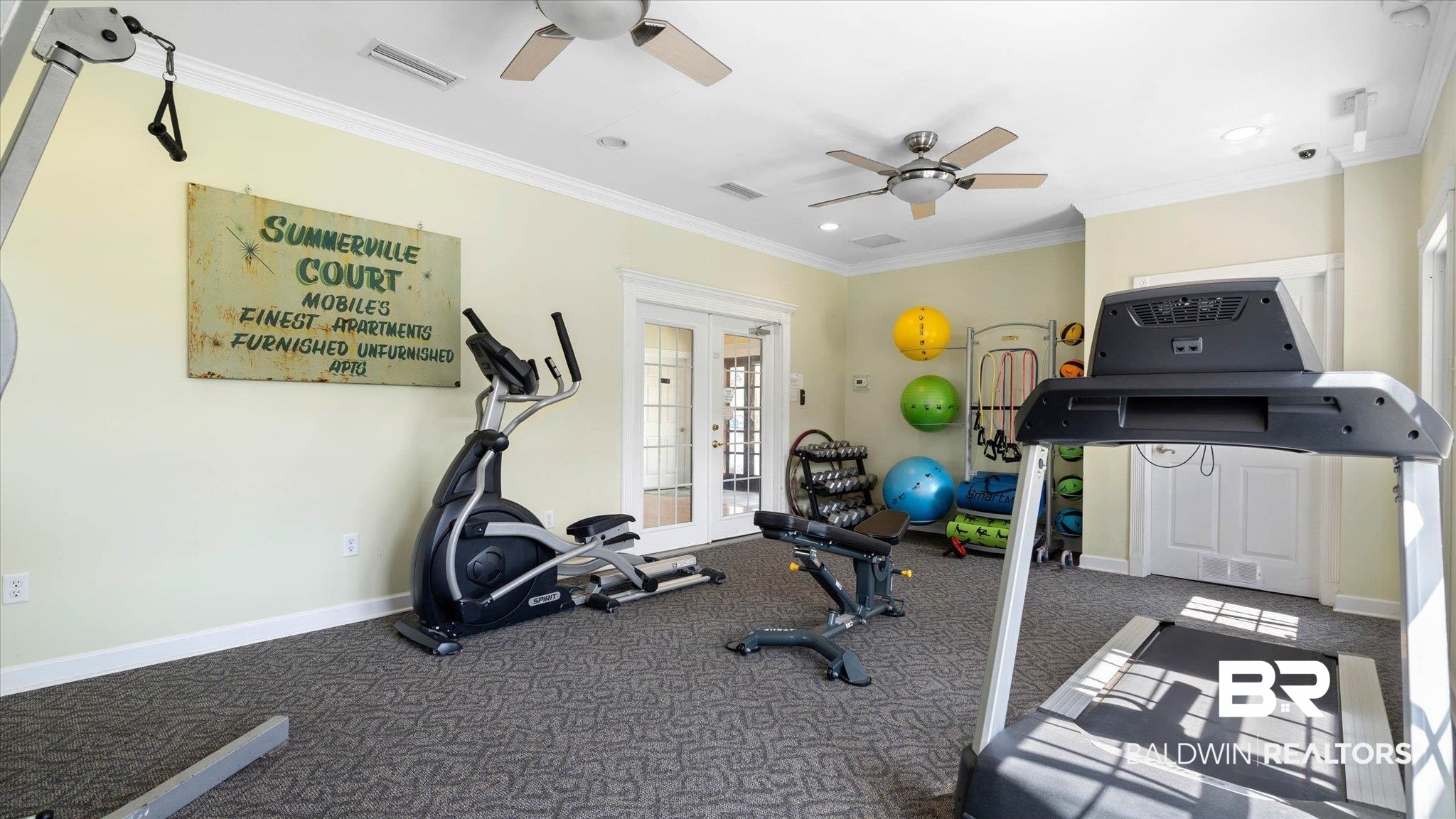 214 Upham Street, Unit 18C Mobile, AL 36607 - Photo 33 of 35 Workout room featuring ceiling fan, french doors, crown molding, baseboards, and carpet