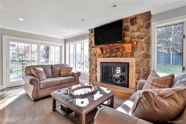 a living room with furniture a flat screen tv and a fireplace