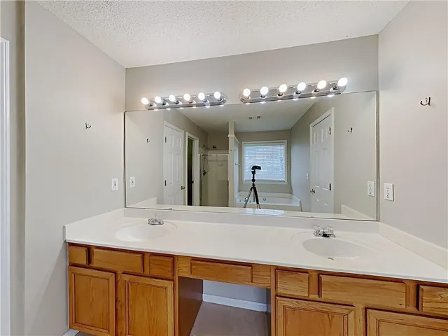 a bathroom with a sink vanity and a mirror