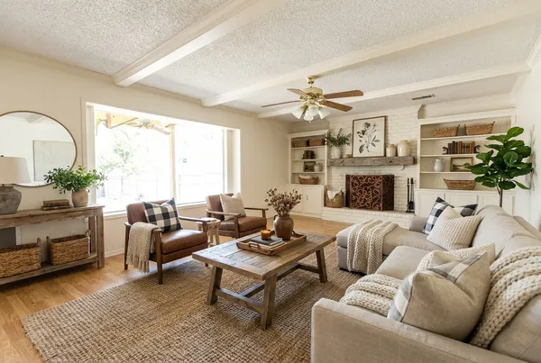 a living room with furniture fireplace and a table