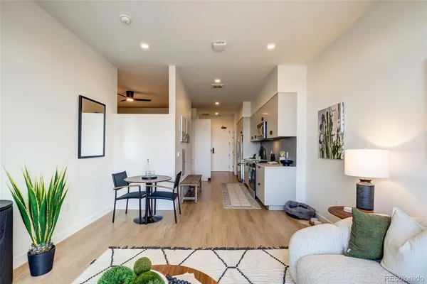 a living room with furniture potted plant and a table