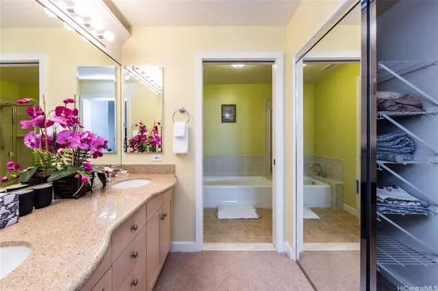 a bathroom with a tub sink mirror and a shower