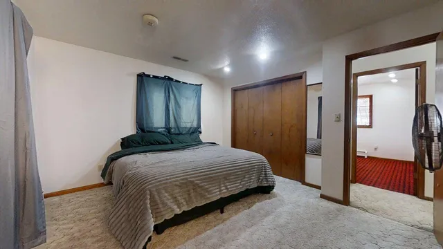 a bedroom with a bed and a walk in closet