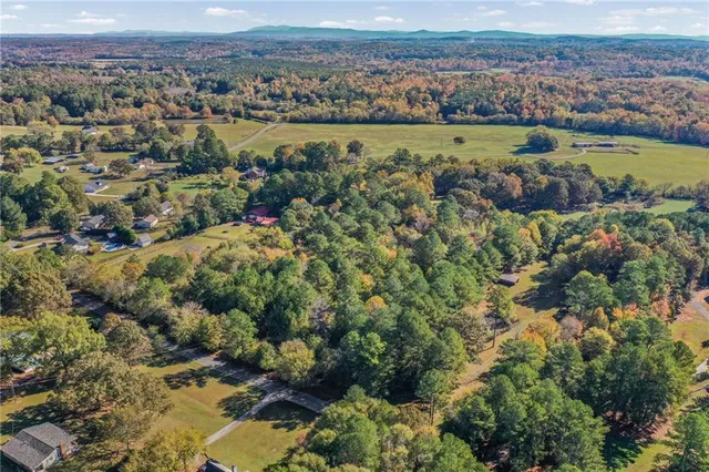 an aerial view of a residential houses with outdoor space and trees