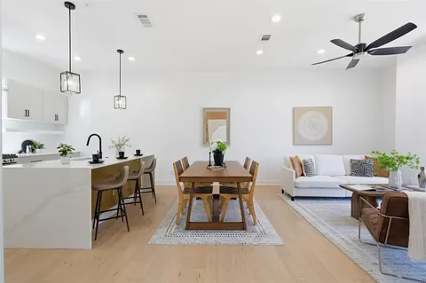 a view of a dining room with furniture