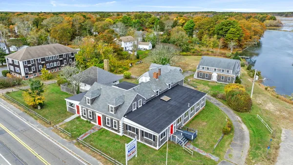 an aerial view of a house with a garden