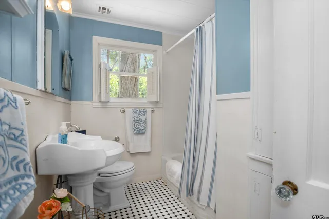 a bathroom with a sink toilet a mirror and shower