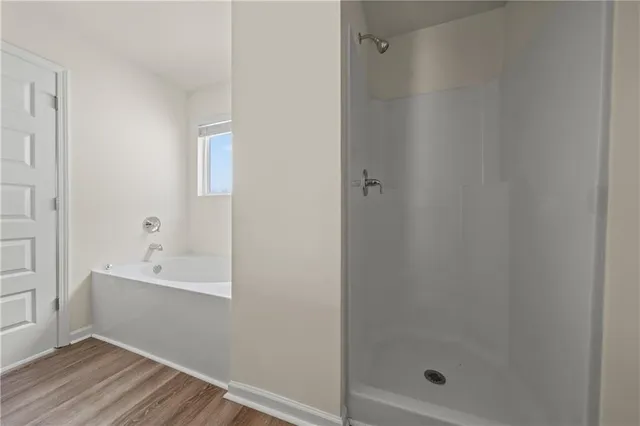 a bathroom with a bathtub and shower