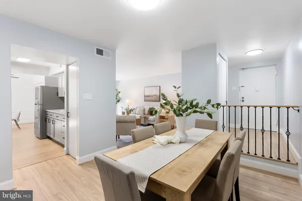 a view of a dining room with furniture