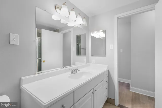 a bathroom with a sink vanity and a mirror