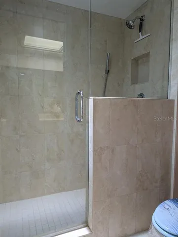 a bathroom with a shower and a toilet