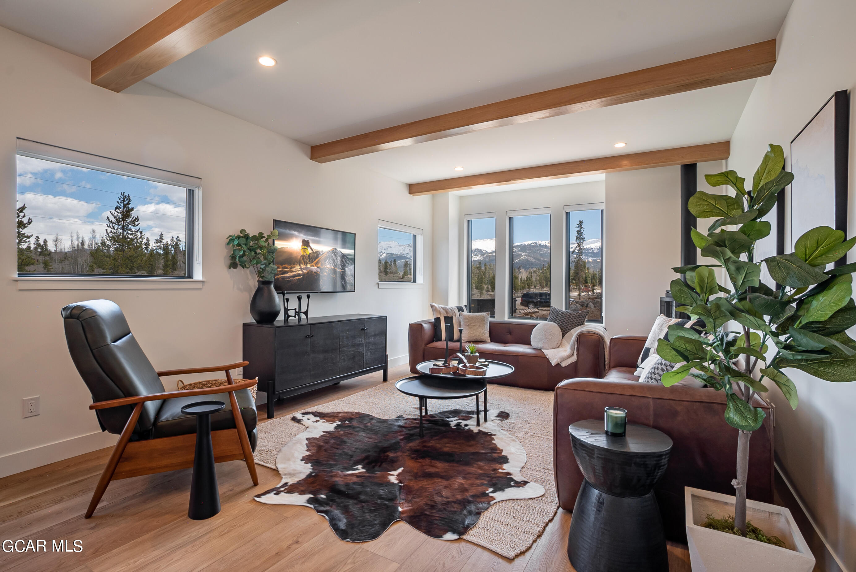 a living room with furniture and a potted plant
