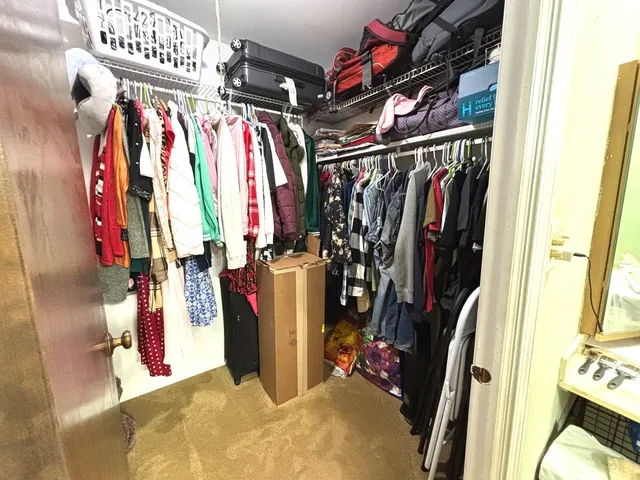 a view of walk in closet with clothes