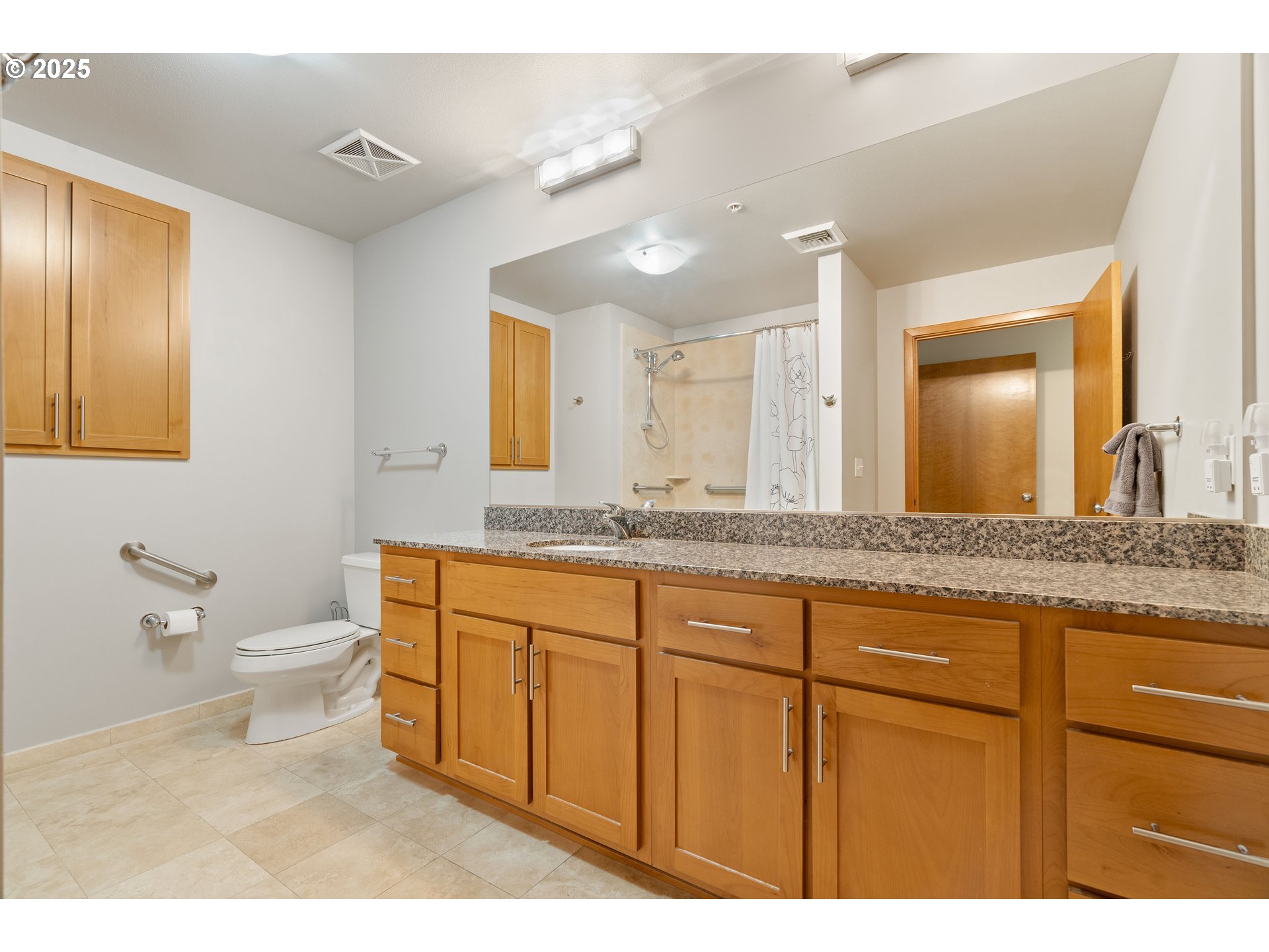 2350 Northwest Savier Street, Unit 202 Portland, OR 97210 - Photo 19 of 30 a bathroom with a granite countertop sink a toilet a mirror and shower