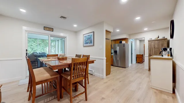 a view of a dining room with furniture and a window