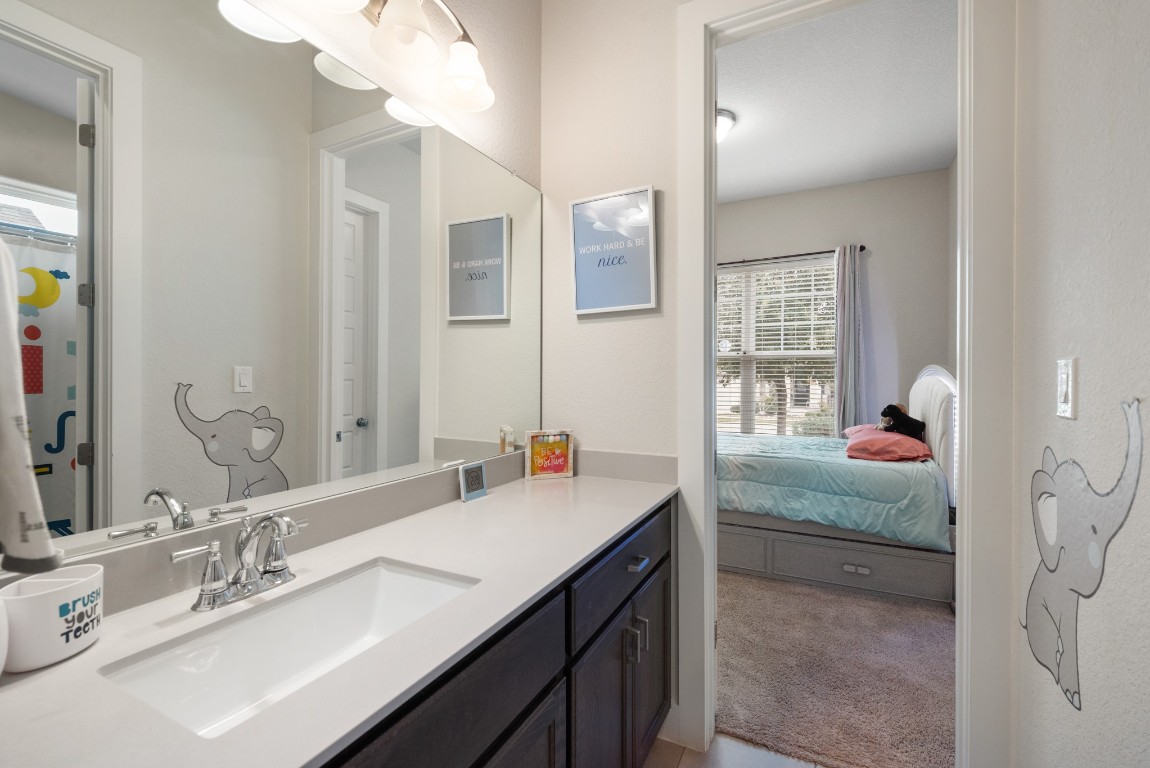 216 Emerald Garden Road San Marcos, TX 78666 - Photo 24 of 38 Full bath featuring plenty of natural light, vanity, light colored carpet, and ensuite bath