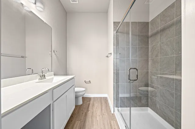 a bathroom with a sink a toilet and shower