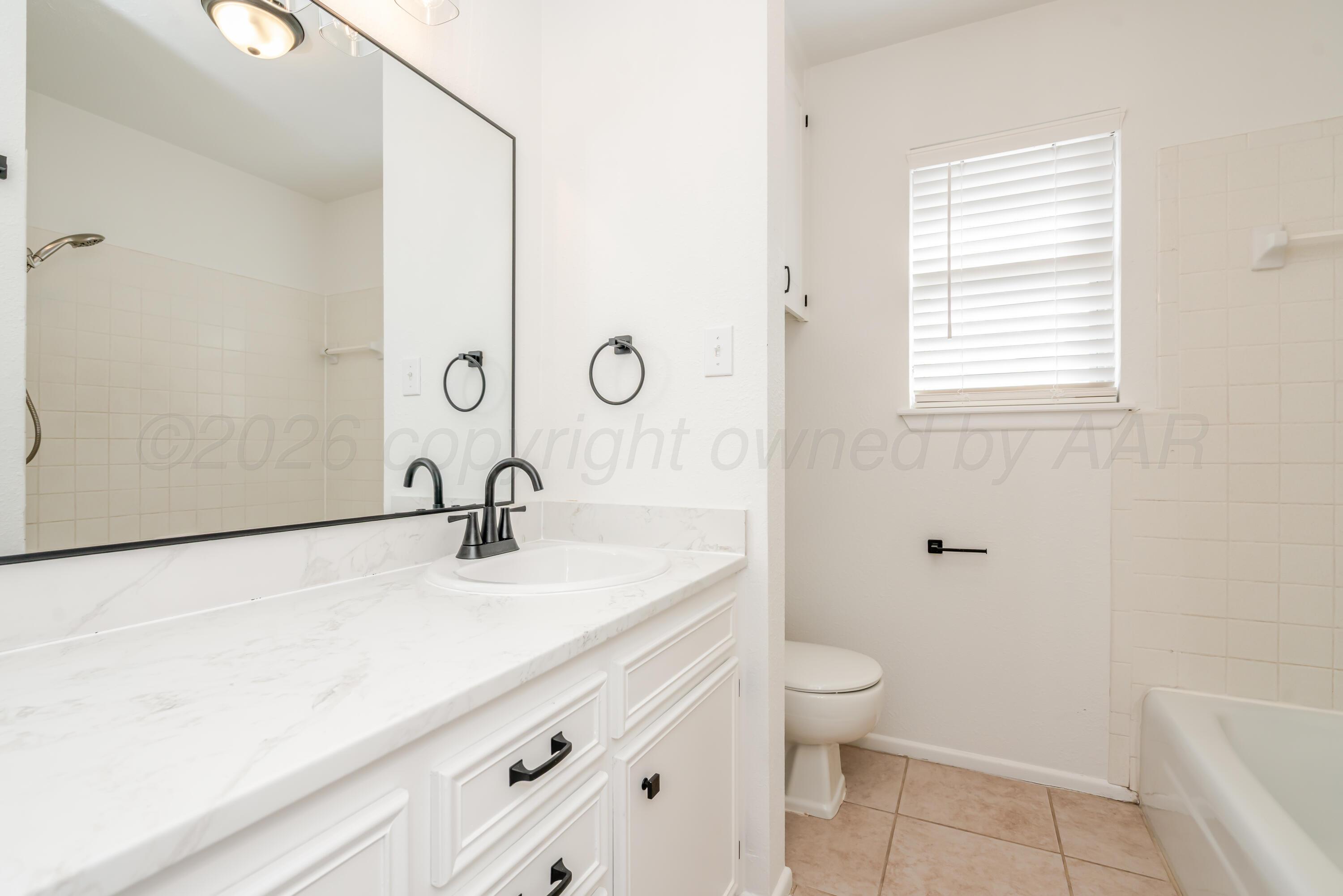 1001 5th Street Canyon, TX 79015 - Photo 26 of 34 a bathroom with a sink a toilet and a large mirror