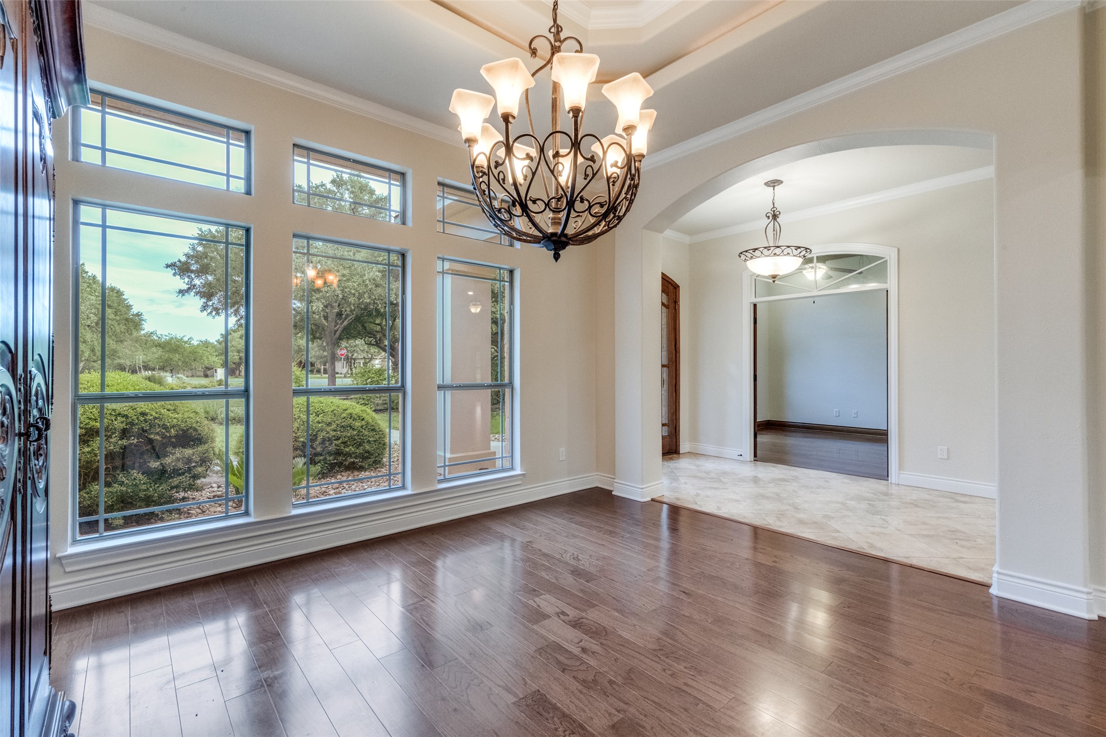 101 Copper Leaf Court Georgetown, TX 78633 - Photo 5 of 31 Spacious interior featuring wood-finish flooring, a tray ceiling, and a decorative chandelier