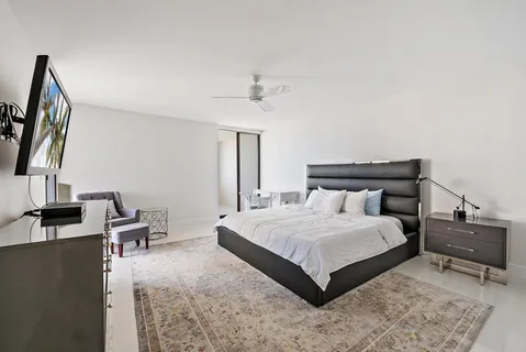a bedroom with a bed and flat screen tv
