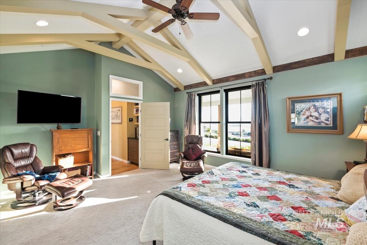 11326 West Rio Road Caldwell, ID 83607 - Photo 16 of 50 Carpeted bedroom with beam ceiling, recessed lighting, a ceiling fan, and high vaulted ceiling