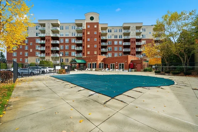 a view of a building with a garden