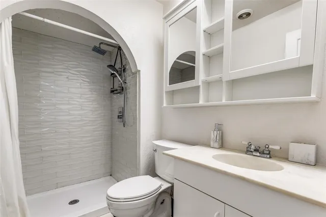 a bathroom with a sink a toilet and shower