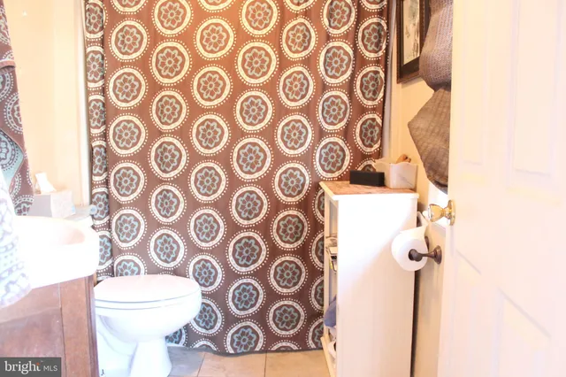a bathroom with a toilet and a shower curtain