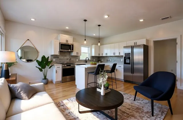 a living room with stainless steel appliances kitchen island granite countertop a couch a stove a dining table and chairs with wooden floor