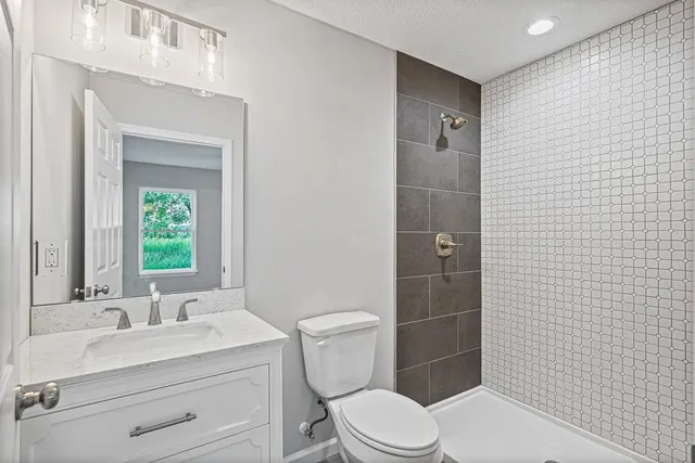 a bathroom with a toilet a sink a mirror and shower