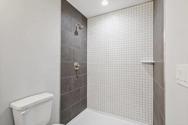 a bathroom with a toilet and a shower