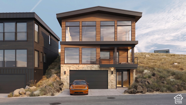 8456 Copper Crest Road, Unit 148 Eden, UT 84310 - Photo 6 of 34 Renderings of Contemporary exterior featuring wood-finish siding, stone accents, and a sloped roofline