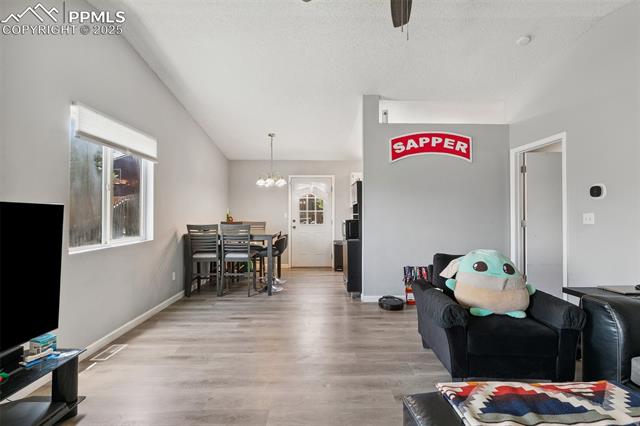 609 Wheat Field Road Fountain, CO 80817 - Photo 6 of 29 Living room featuring wood finished floors, a chandelier, a ceiling fan, and a textured ceiling