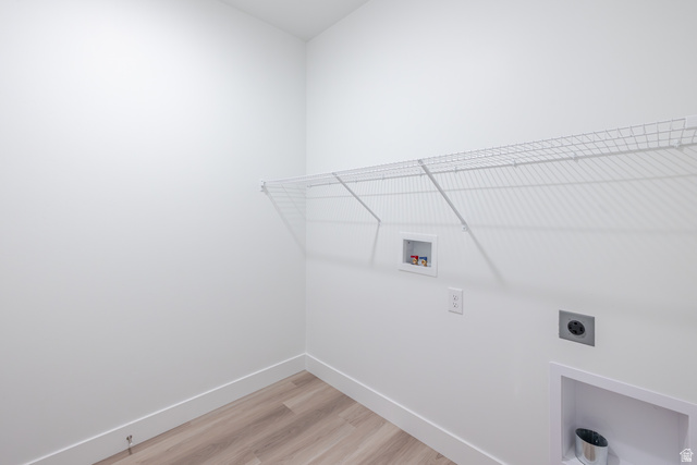 4661 Poplar Way, Unit R303 Mapleton, UT 84664 - Photo 4 of 17 Laundry room with light wood finished floors, hookup for a washing machine, and electric dryer hookup