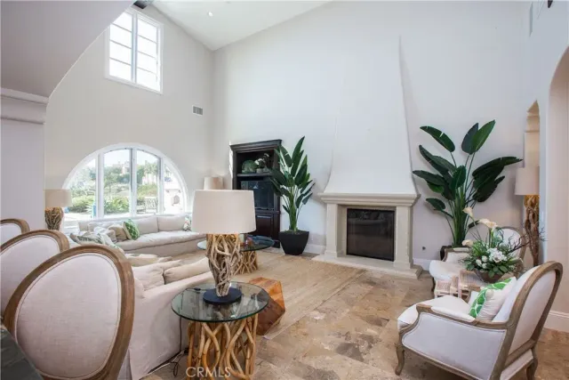 a living room with furniture a potted plant and a fireplace