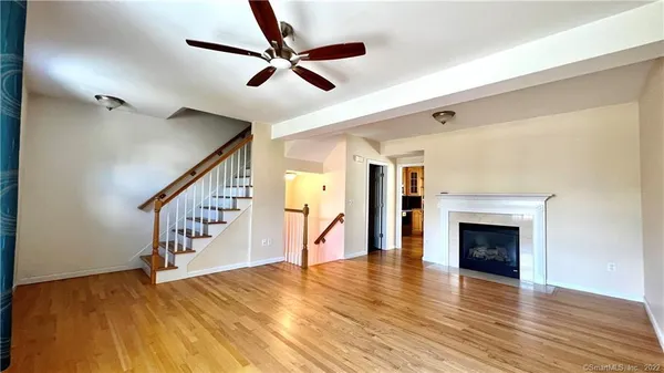 a view of an entryway with wooden floor and a fireplace