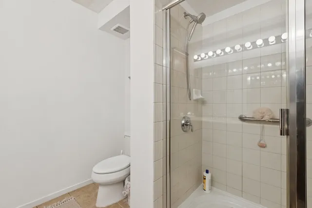 a bathroom with a shower and a toilet