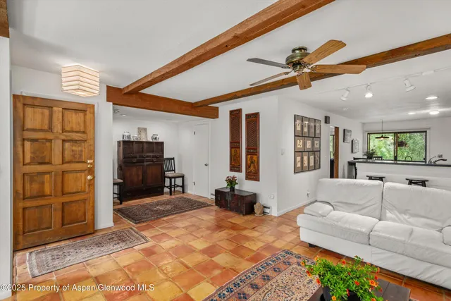 a living room with furniture a ceiling fan and a rug