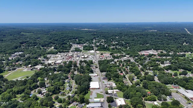 an aerial view of residential houses with outdoor space and trees