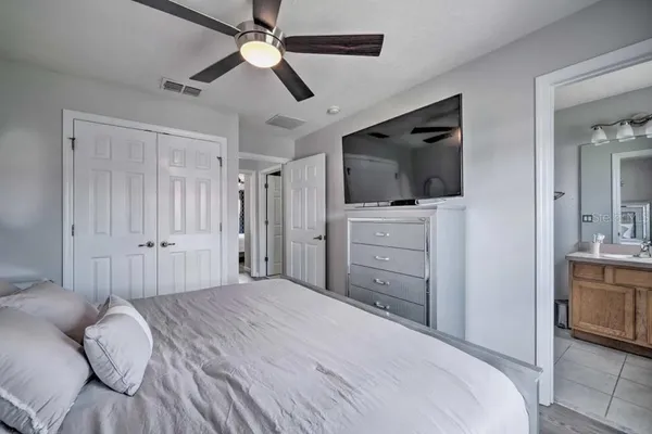 a bedroom with a bed and a flat screen tv