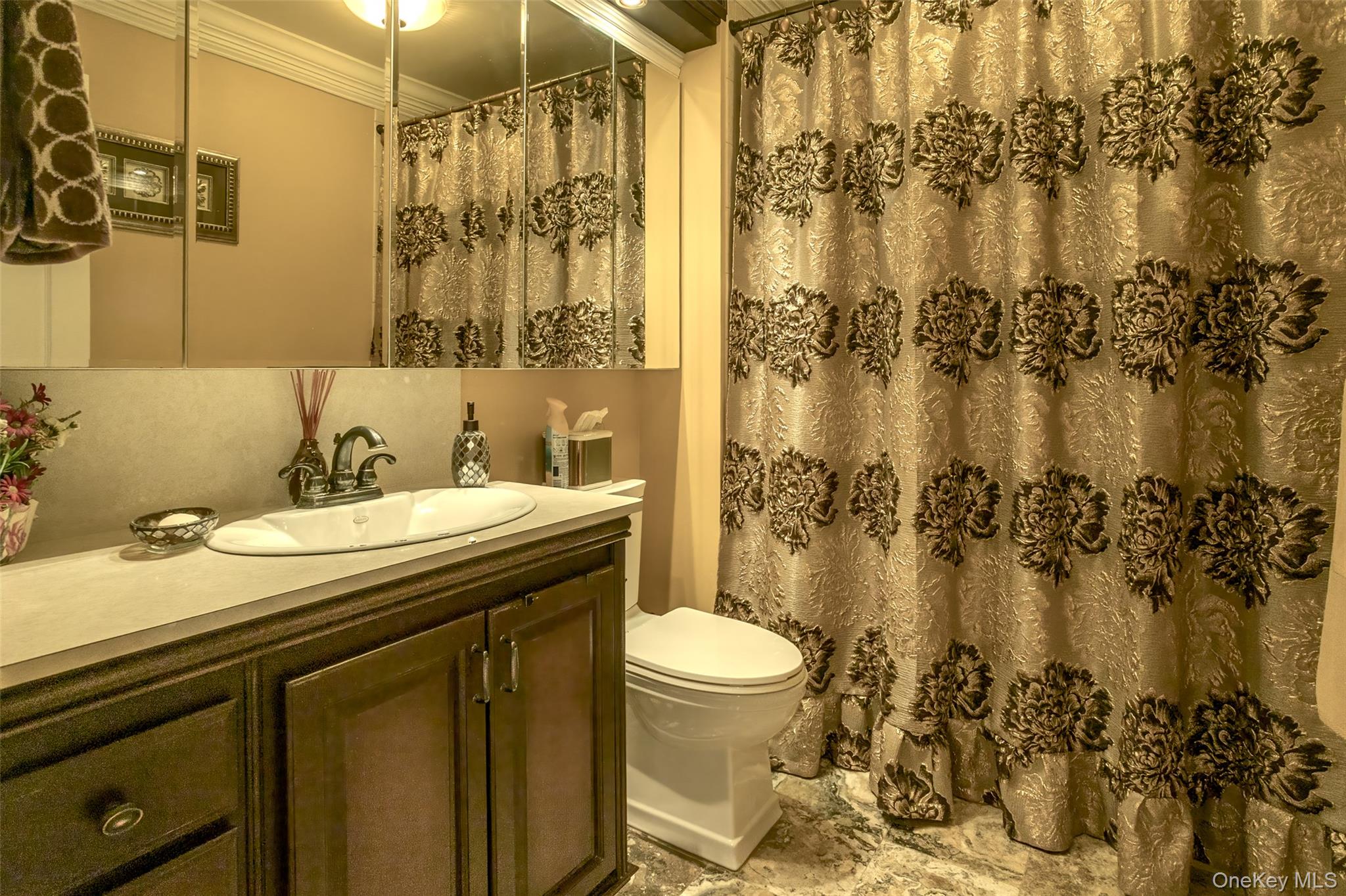 300 Mountain Lodge Road Monroe, NY 10950 - Photo 13 of 41 Full bathroom with vanity, a shower with shower curtain, and ornamental molding